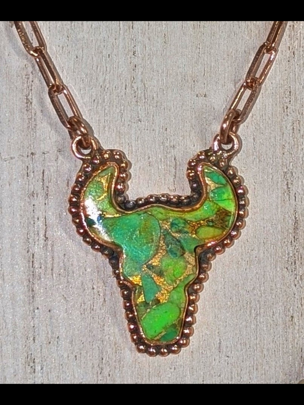 Green Apple Mojave Turquoise Steer Cow Head Necklace